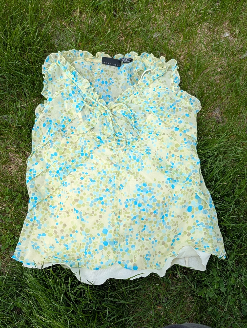 Vintage Y2K 2000s Apostrophe Sheer Polkadot Ruffle Floral Sleeveless Top